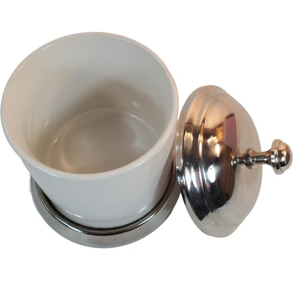 Ceramic Jar/Canister with Lid. White & Chrome. Bathroom Cotton Ball/Swab Holder - Picture 3 of 6